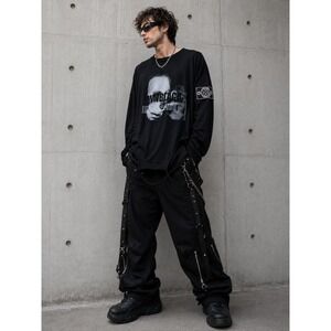 MWM Black Graphic Long Sleeve Distressed Oversized Tee Streetwear Cyber Japanese